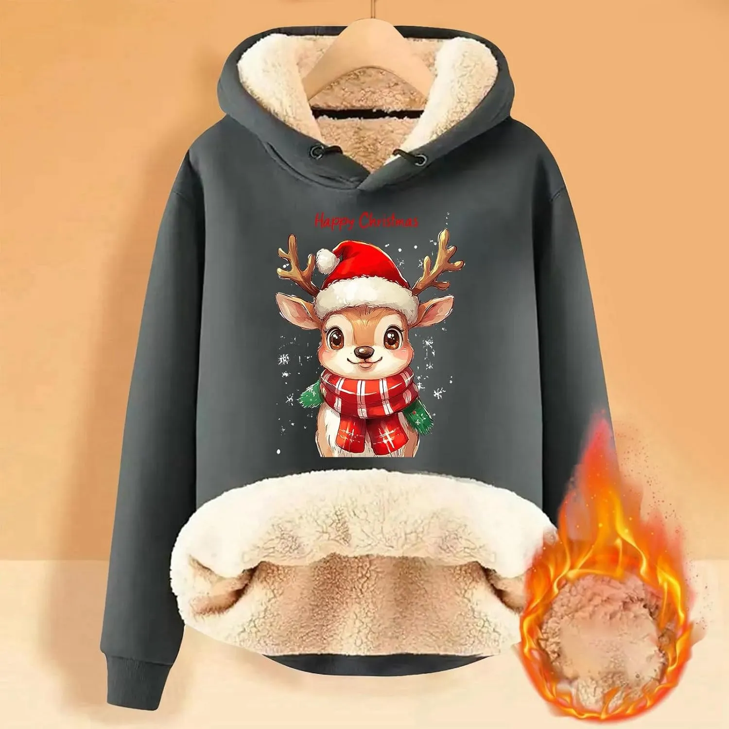 Fleece Long Sleeved Fawn Print Loose Hoodie Cropped Hoodies for Women