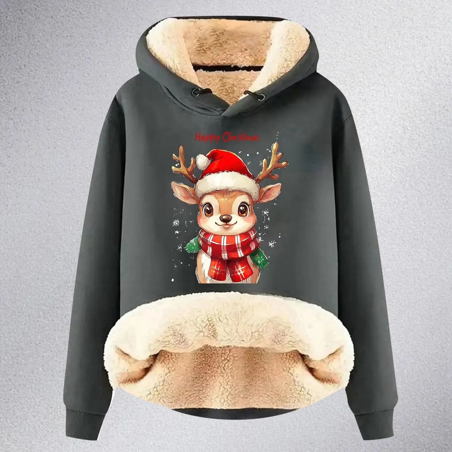 Fleece Long Sleeved Fawn Print Loose Hoodie Cropped Hoodies for Women