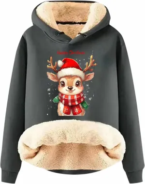 Fleece Long Sleeved Fawn Print Loose Hoodie Cropped Hoodies for Women