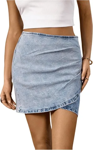 Floerns Women's Asymmetrical Hem Ruched Denim Skirt High Waisted Zip Back Jean Mini Skirts