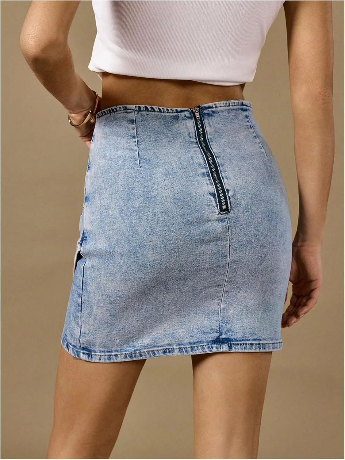 Floerns Women's Asymmetrical Hem Ruched Denim Skirt High Waisted Zip Back Jean Mini Skirts