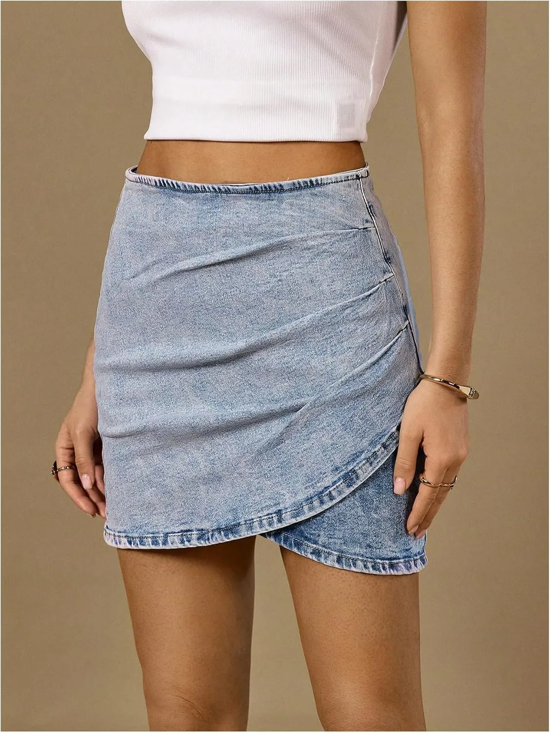 Floerns Women's Asymmetrical Hem Ruched Denim Skirt High Waisted Zip Back Jean Mini Skirts