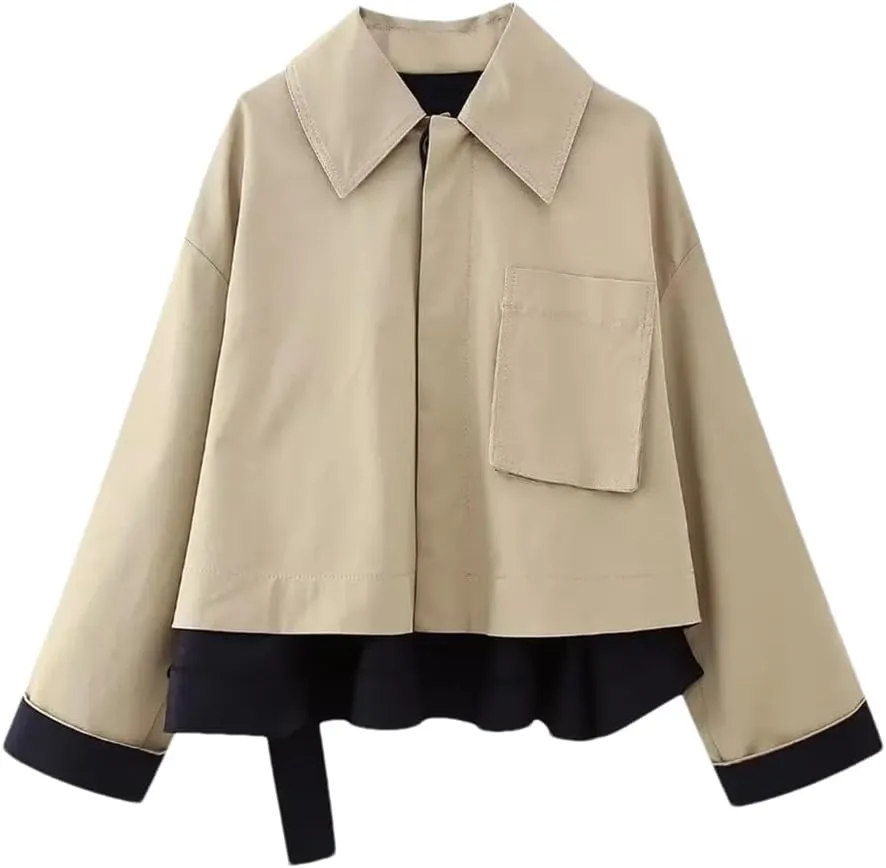 Fnfmrfmr Women With Belt Cropped Wool Blend Splicing Trench Coat Vintage Long Sleeve Button Outerwear