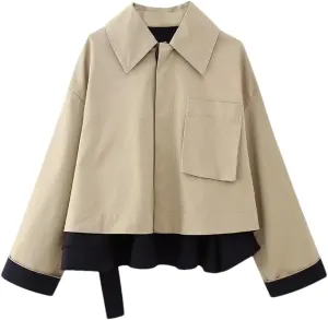 Fnfmrfmr Women With Belt Cropped Wool Blend Splicing Trench Coat Vintage Long Sleeve Button Outerwear