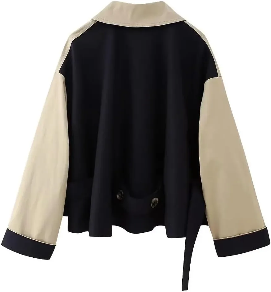 Fnfmrfmr Women With Belt Cropped Wool Blend Splicing Trench Coat Vintage Long Sleeve Button Outerwear