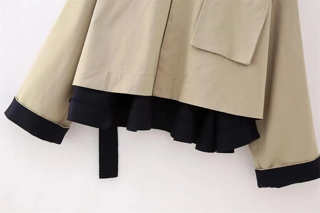 Fnfmrfmr Women With Belt Cropped Wool Blend Splicing Trench Coat Vintage Long Sleeve Button Outerwear