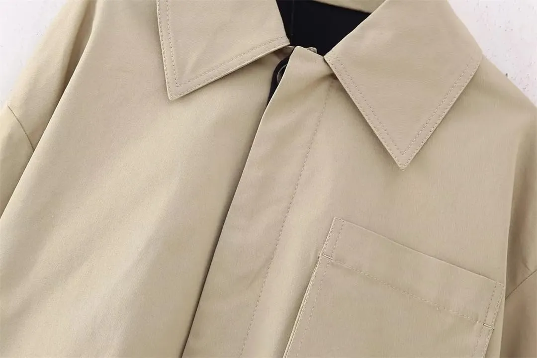 Fnfmrfmr Women With Belt Cropped Wool Blend Splicing Trench Coat Vintage Long Sleeve Button Outerwear