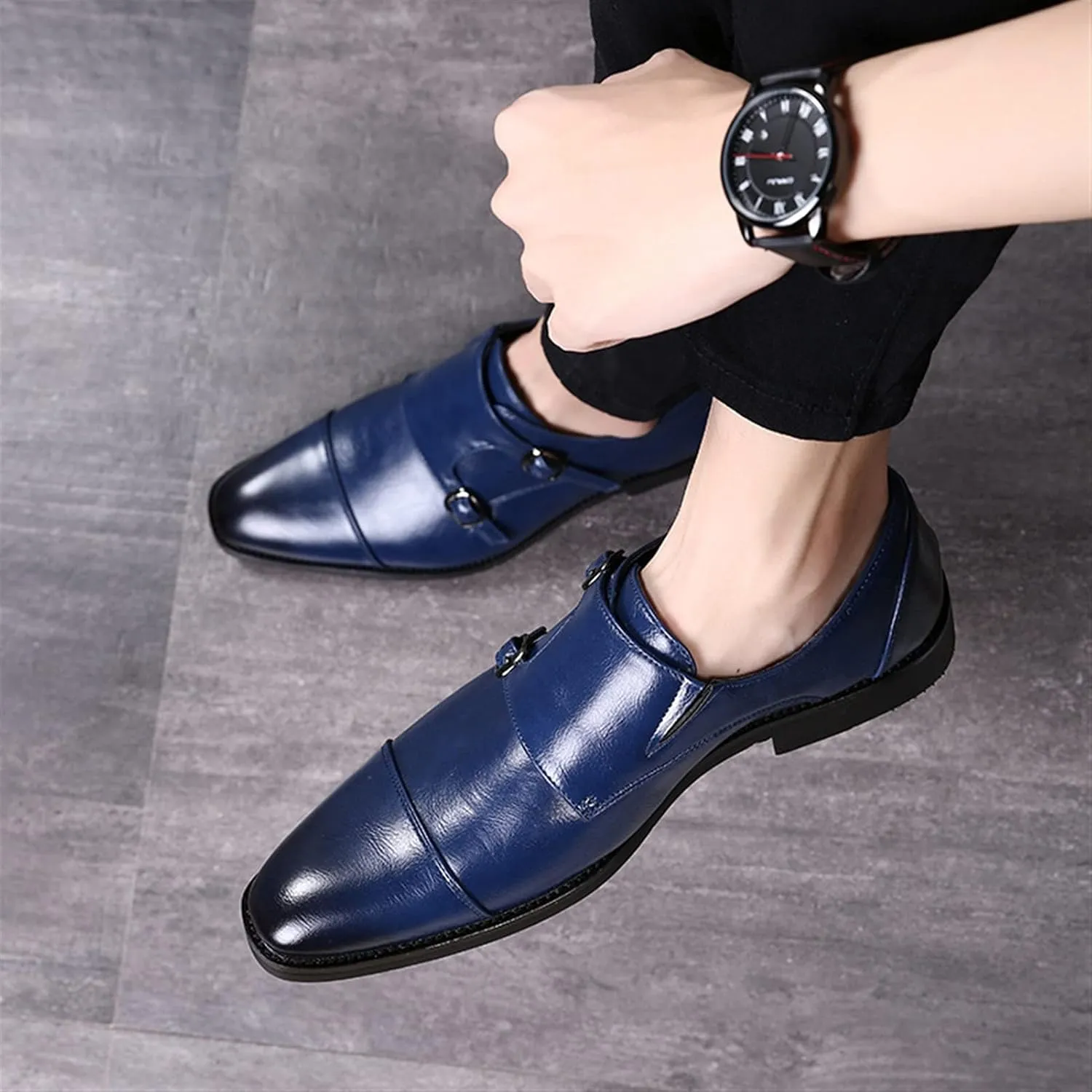 Formal Shoes Dress Oxford for Men Slip On Monk Strap Cap Toe Black Burnished Toe PU Leather Block Heel Rubber Sole Non Slip Walking