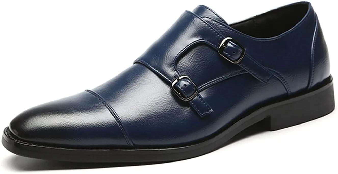 Formal Shoes Dress Oxford for Men Slip On Monk Strap Cap Toe Black Burnished Toe PU Leather Block Heel Rubber Sole Non Slip Walking