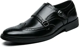 Formal Shoes for Men Slip On Double Monk Strap Brogue Embossed Wing tip Faux Leather Rubber Sole Resistant Non Slip Casual (Color : Black, Size : 8.5)