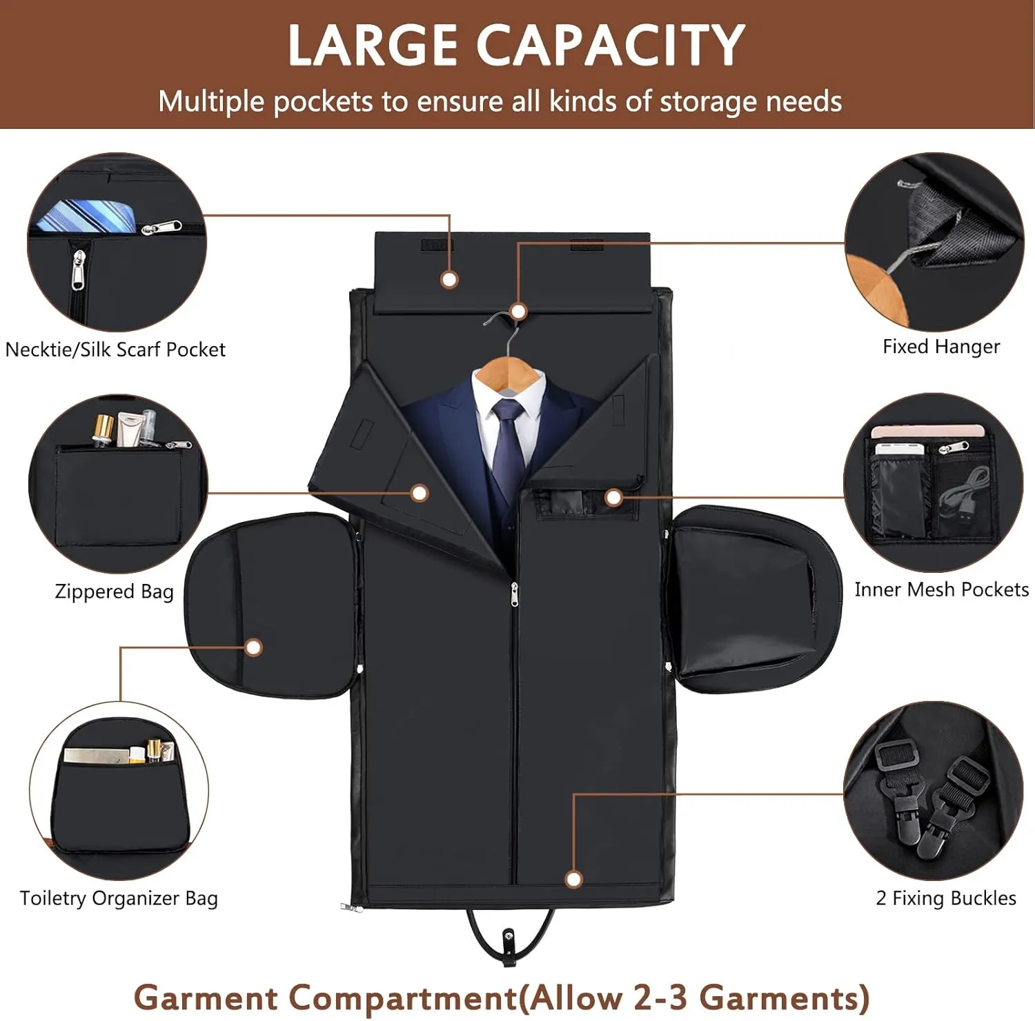 Garment Bag for Travel, Convertible Carry on Garment Duffel Bag for Men 3Pcs Weekender Bag 2 in 1 Hanging Suitcase Suit Bag, C2-Black-1pc