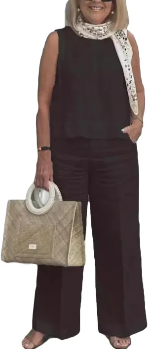 Geleglaer Women's Plus Size Cotton Linen 2 Piece Outfits Summer Dressy Casual Tank Tops and Palazzo Pants Suits with Pockets