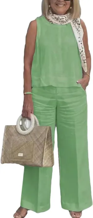 Geleglaer Women's Plus Size Cotton Linen 2 Piece Outfits Summer Dressy Casual Tank Tops and Palazzo Pants Suits with Pockets