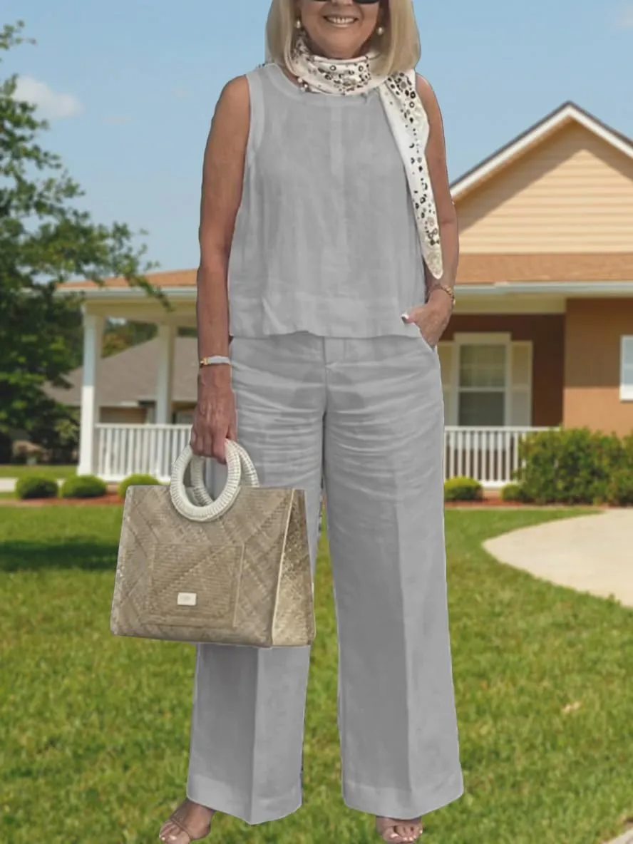 Geleglaer Women's Plus Size Cotton Linen 2 Piece Outfits Summer Dressy Casual Tank Tops and Palazzo Pants Suits with Pockets