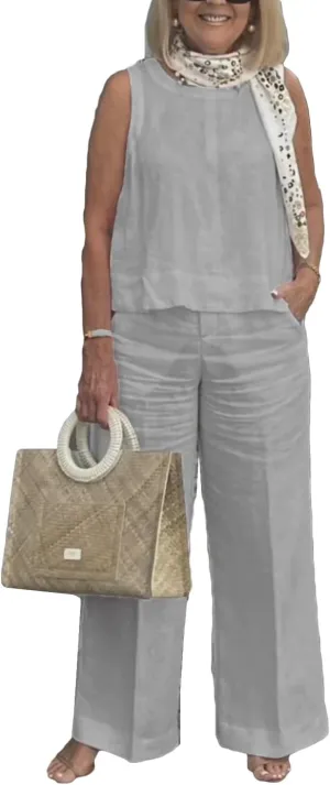 Geleglaer Women's Plus Size Cotton Linen 2 Piece Outfits Summer Dressy Casual Tank Tops and Palazzo Pants Suits with Pockets