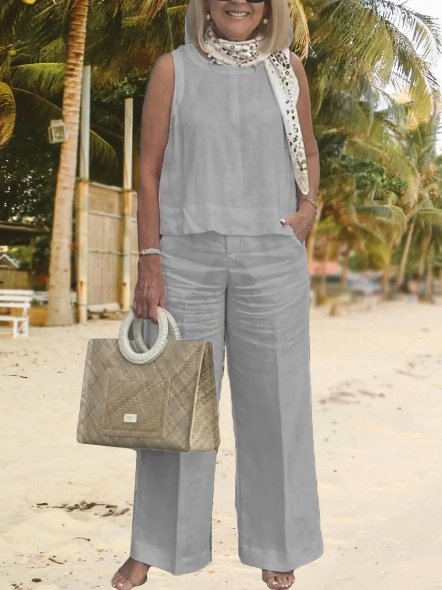 Geleglaer Women's Plus Size Cotton Linen 2 Piece Outfits Summer Dressy Casual Tank Tops and Palazzo Pants Suits with Pockets