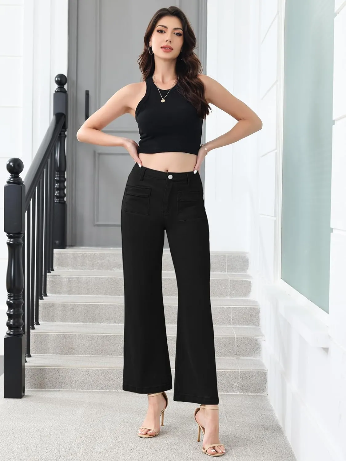 Genleck Wide Leg Jeans for Women Trendy High Waisted Boyfriend Stretchy Straight Cropped Pants with Patch Pockets
