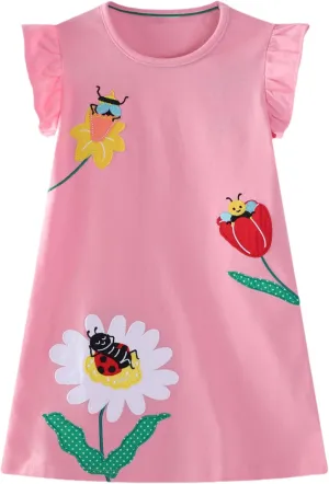 Girls Cotton Dress Toddler Summer Short Sleeve Animal Print Cartoon Dresses 2-8 T