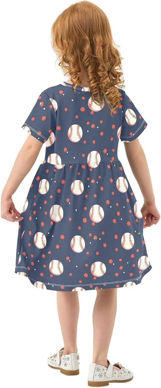 Girls' Dresses Baseball Print Short Sleeve Summer Dress for Toddler Girls 2-8Y