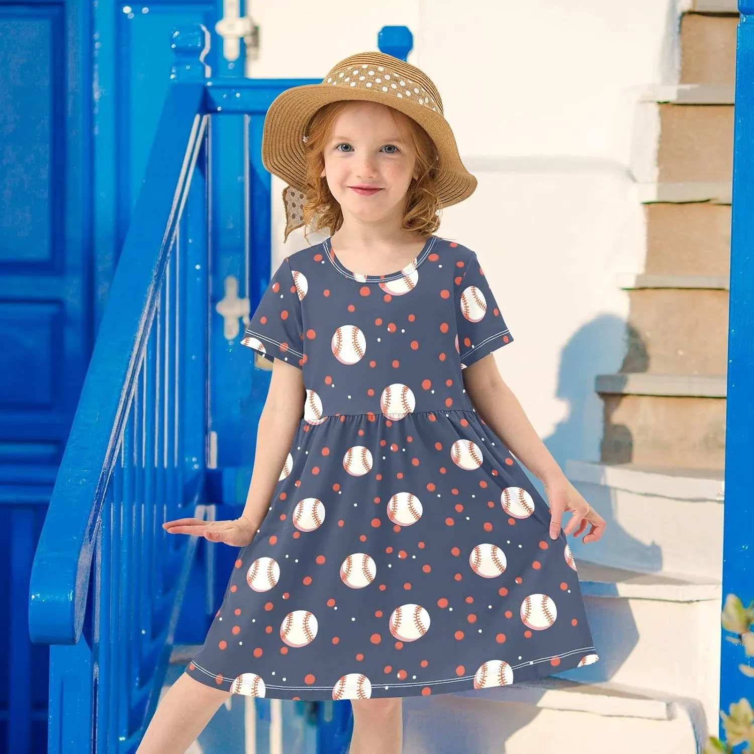 Girls' Dresses Baseball Print Short Sleeve Summer Dress for Toddler Girls 2-8Y