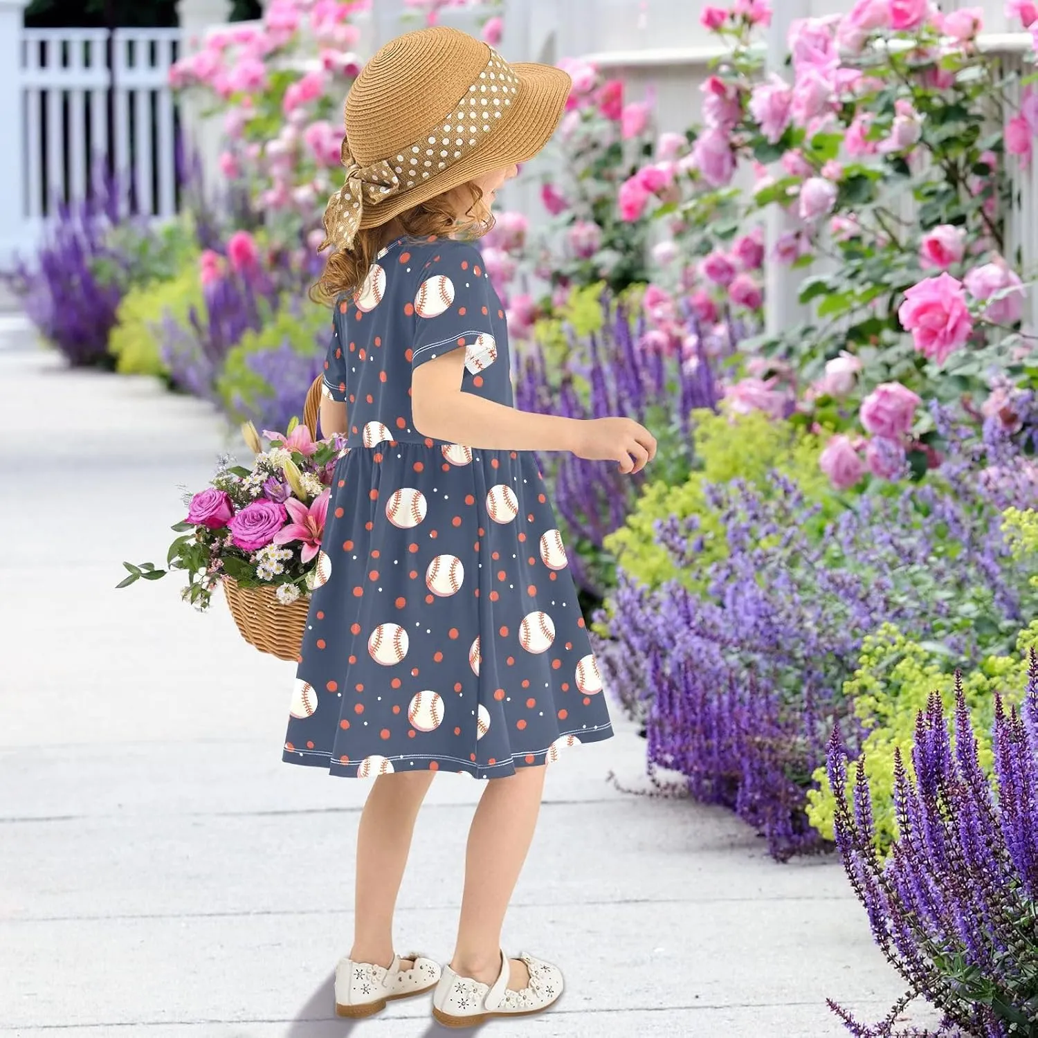 Girls' Dresses Baseball Print Short Sleeve Summer Dress for Toddler Girls 2-8Y