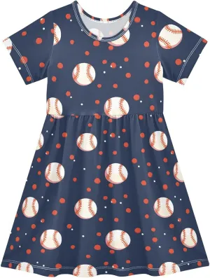 Girls' Dresses Baseball Print Short Sleeve Summer Dress for Toddler Girls 2-8Y