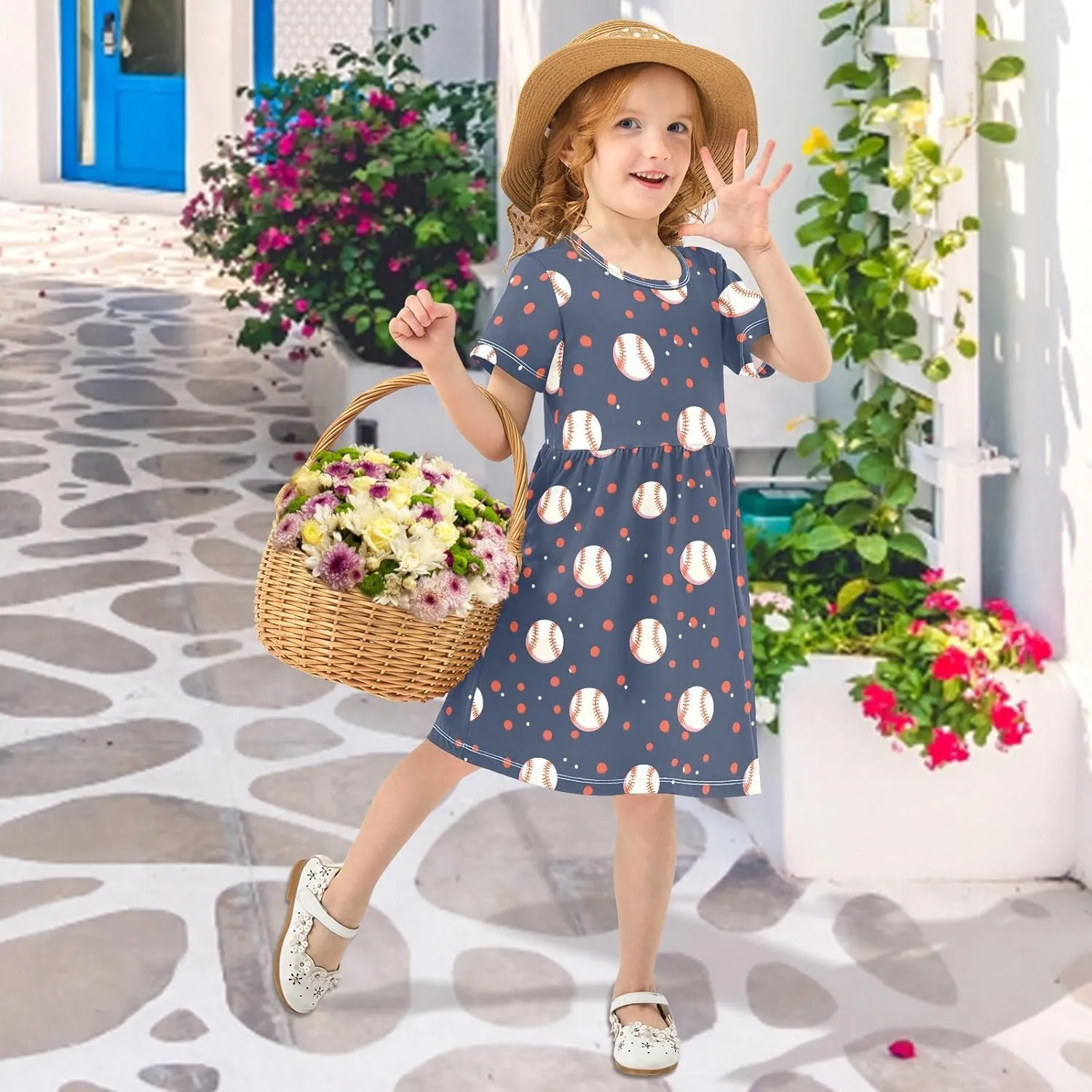 Girls' Dresses Baseball Print Short Sleeve Summer Dress for Toddler Girls 2-8Y