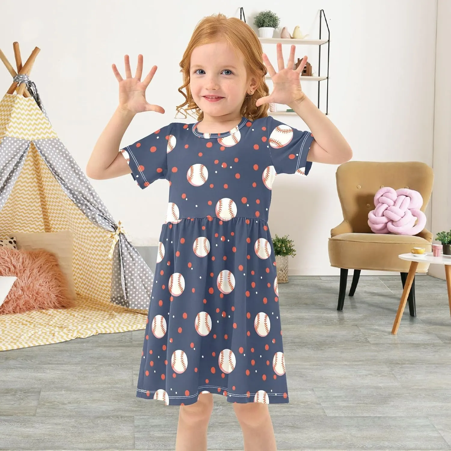 Girls' Dresses Baseball Print Short Sleeve Summer Dress for Toddler Girls 2-8Y