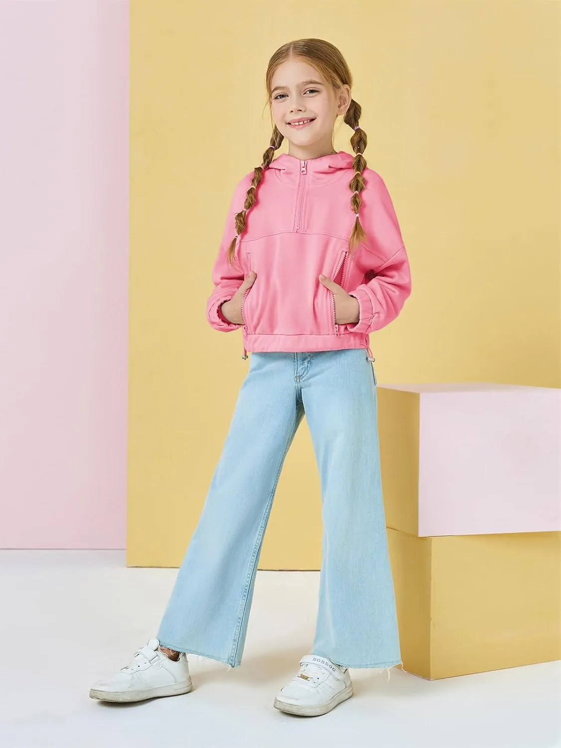 Girls Half Zip Up Hoodies Kids Fashion Loose Hooded Sweatshirts with Pockets 3-14 Years