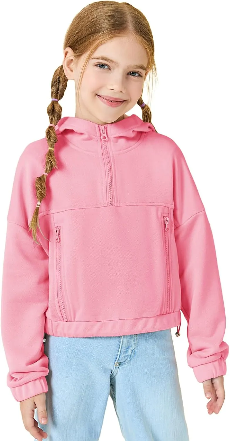 Girls Half Zip Up Hoodies Kids Fashion Loose Hooded Sweatshirts with Pockets 3-14 Years
