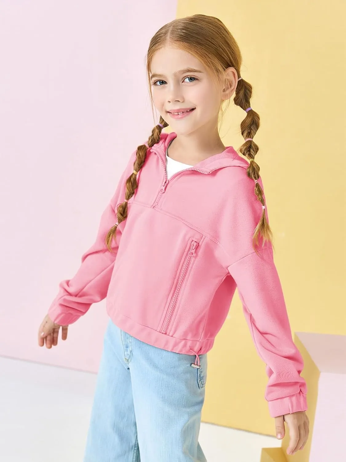 Girls Half Zip Up Hoodies Kids Fashion Loose Hooded Sweatshirts with Pockets 3-14 Years