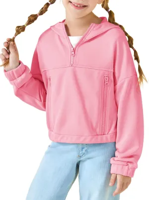 Girls Half Zip Up Hoodies Kids Fashion Loose Hooded Sweatshirts with Pockets 3-14 Years