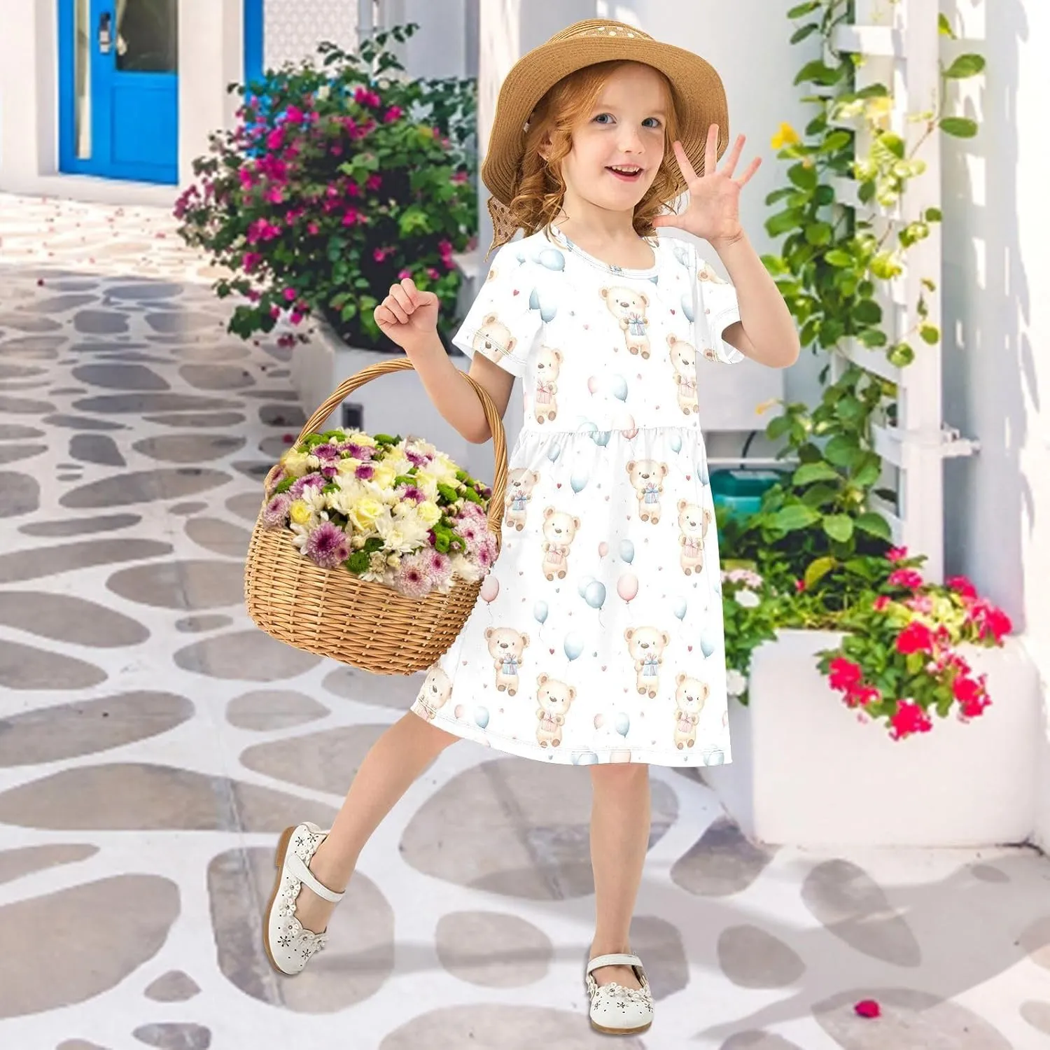 Girls Summer Dress Cute Bear Print Short Sleeve Midi Dresses for Toddler Girl