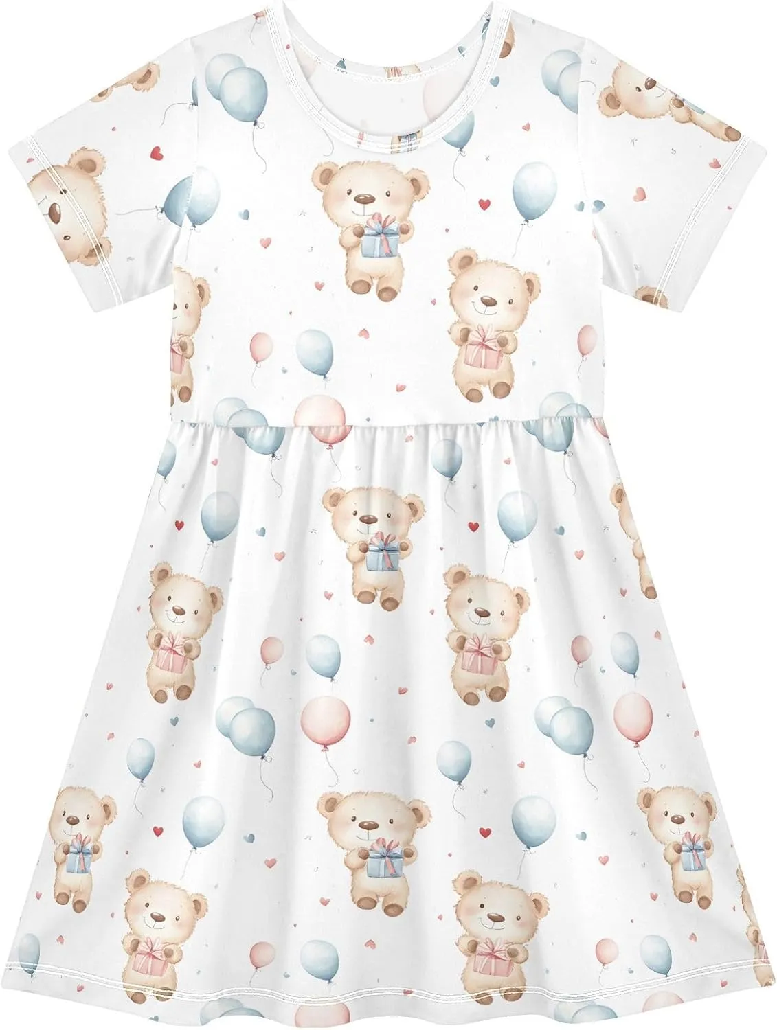 Girls Summer Dress Cute Bear Print Short Sleeve Midi Dresses for Toddler Girl
