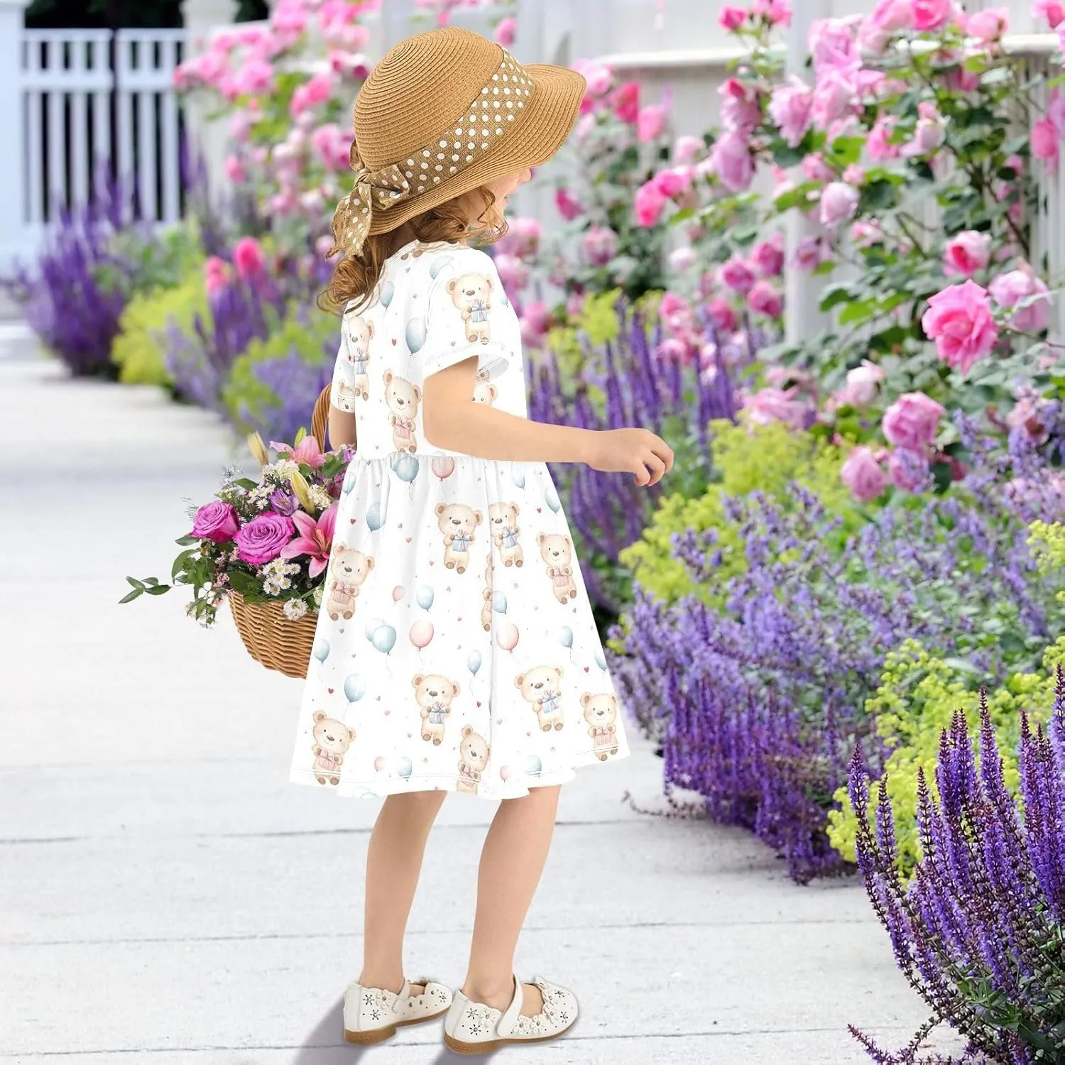 Girls Summer Dress Cute Bear Print Short Sleeve Midi Dresses for Toddler Girl