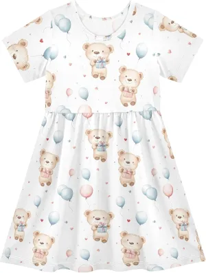 Girls Summer Dress Cute Bear Print Short Sleeve Midi Dresses for Toddler Girl