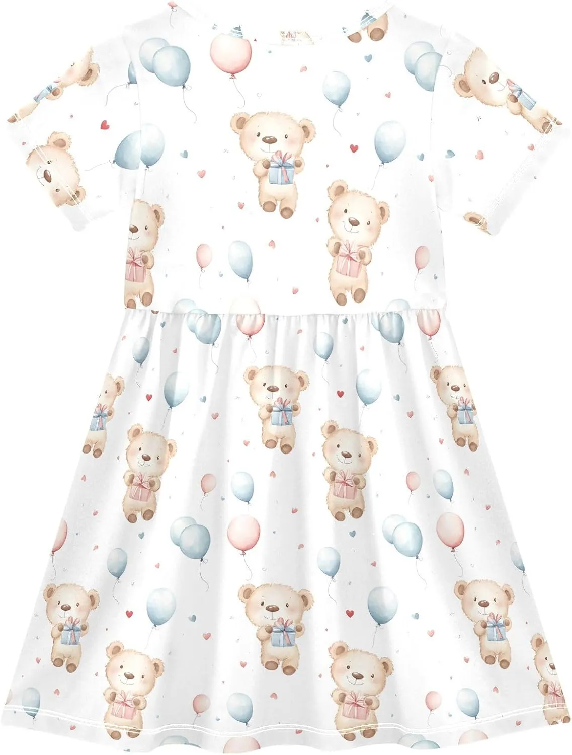 Girls Summer Dress Cute Bear Print Short Sleeve Midi Dresses for Toddler Girl