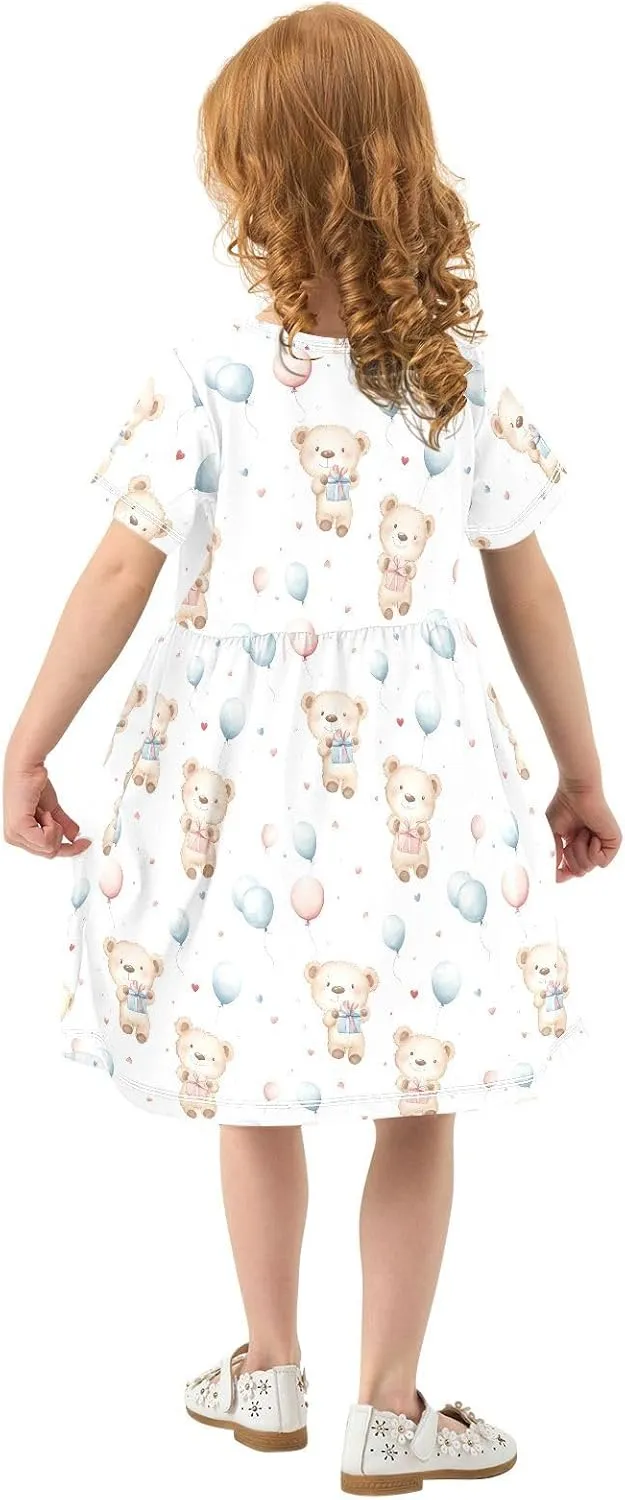 Girls Summer Dress Cute Bear Print Short Sleeve Midi Dresses for Toddler Girl
