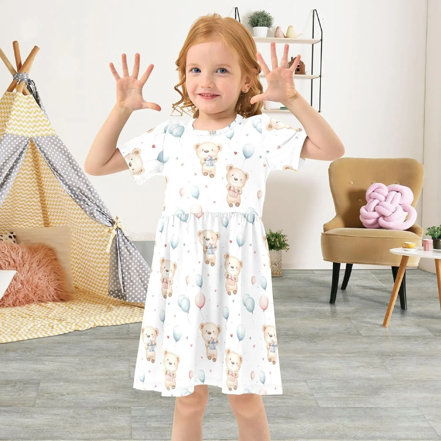 Girls Summer Dress Cute Bear Print Short Sleeve Midi Dresses for Toddler Girl