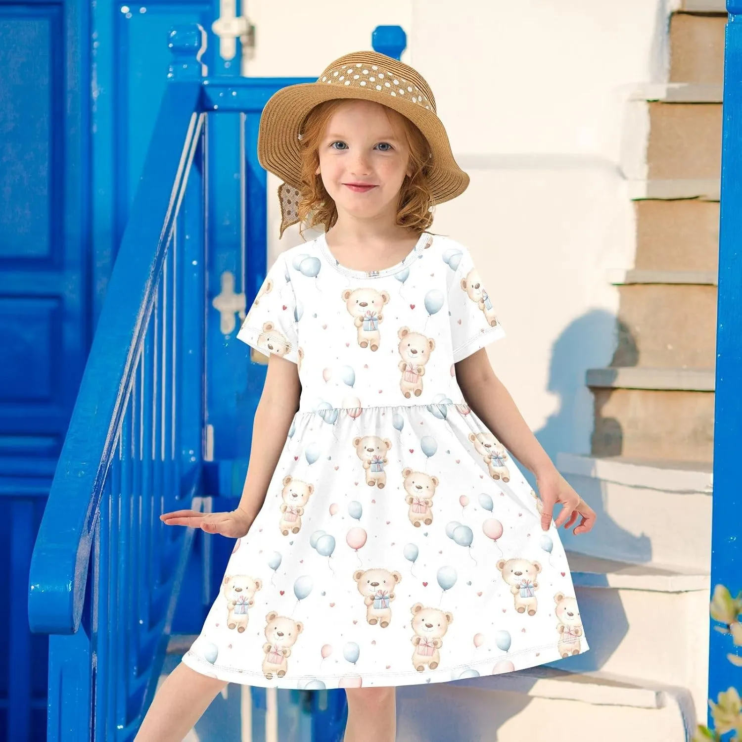 Girls Summer Dress Cute Bear Print Short Sleeve Midi Dresses for Toddler Girl