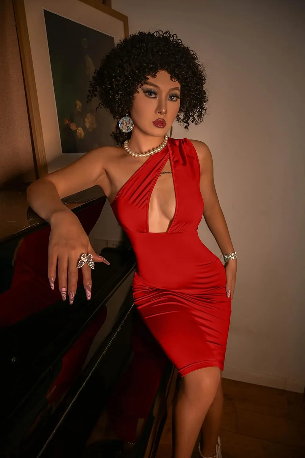 GOKATOSAU Women's Sexy One Shoulder Sleeveless Cut Out Party Club Midi Dress
