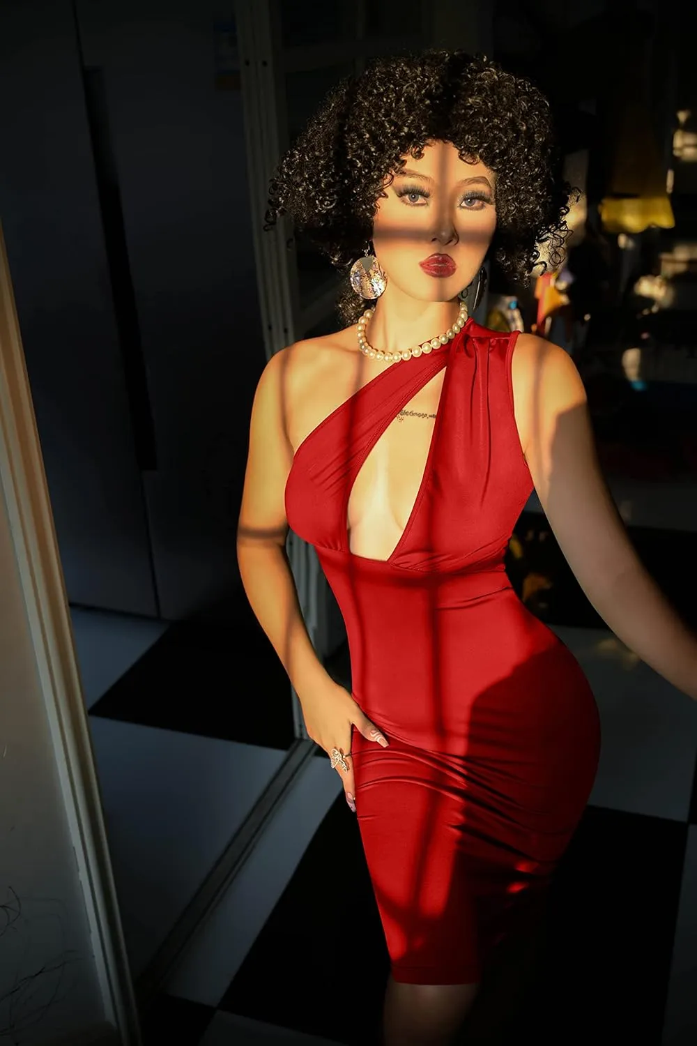 GOKATOSAU Women's Sexy One Shoulder Sleeveless Cut Out Party Club Midi Dress