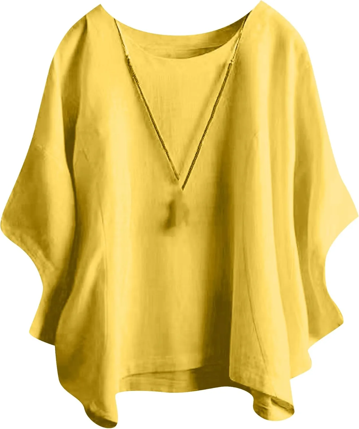 GORIFE Women's Casual Crew Neck Batwing 3/4 Short Sleeve Loose Tunic Pullover Summer Solid Color Cotton Linen T-shirt Tunic