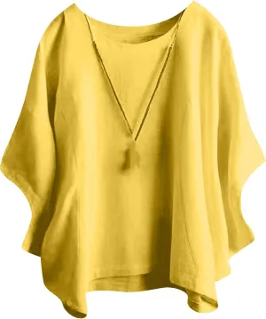 GORIFE Women's Casual Crew Neck Batwing 3/4 Short Sleeve Loose Tunic Pullover Summer Solid Color Cotton Linen T-shirt Tunic