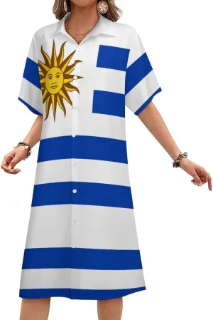 Guyana Flag Womens Button Down Shirt Dress Summer Simple Short Sleeve Shift Dresses with Pockets