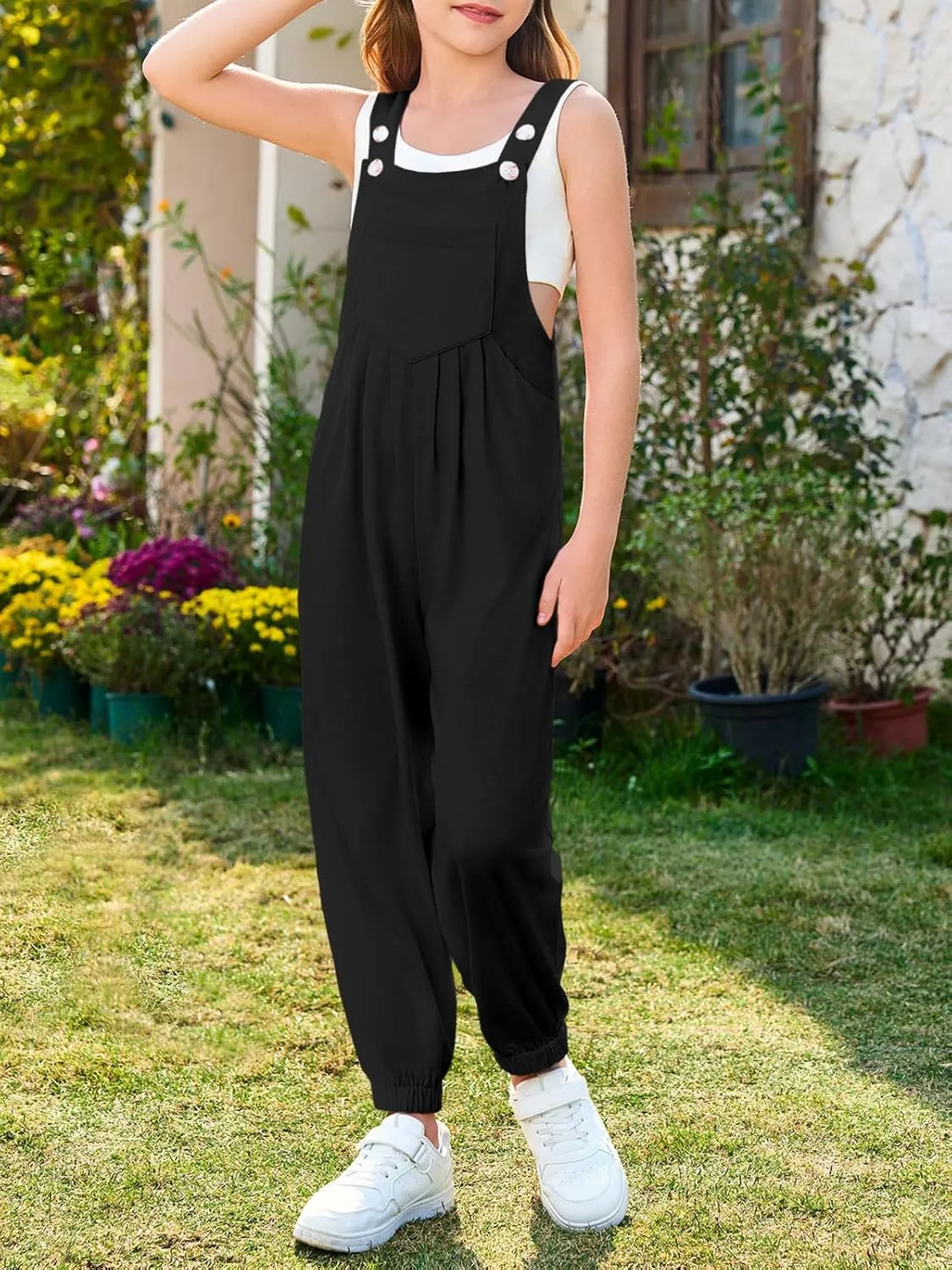 Haloumoning Girls Overalls Kids Casual Sleeveless Jumpsuit One Piece Rompers with Pockets 5-14 Years