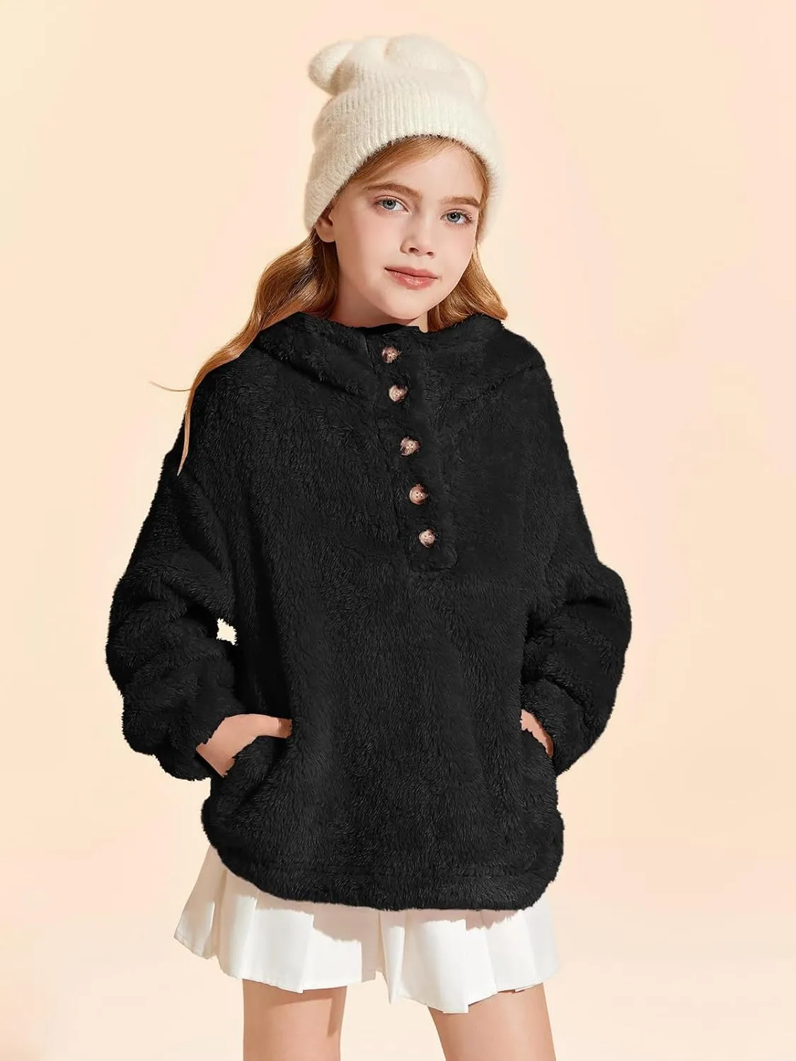 Haloumoning Girls Sherpa Hoodies Kids Fashion Fuzzy Fleece Half Button Long Sleeve Sweatshirt 5-14 Years