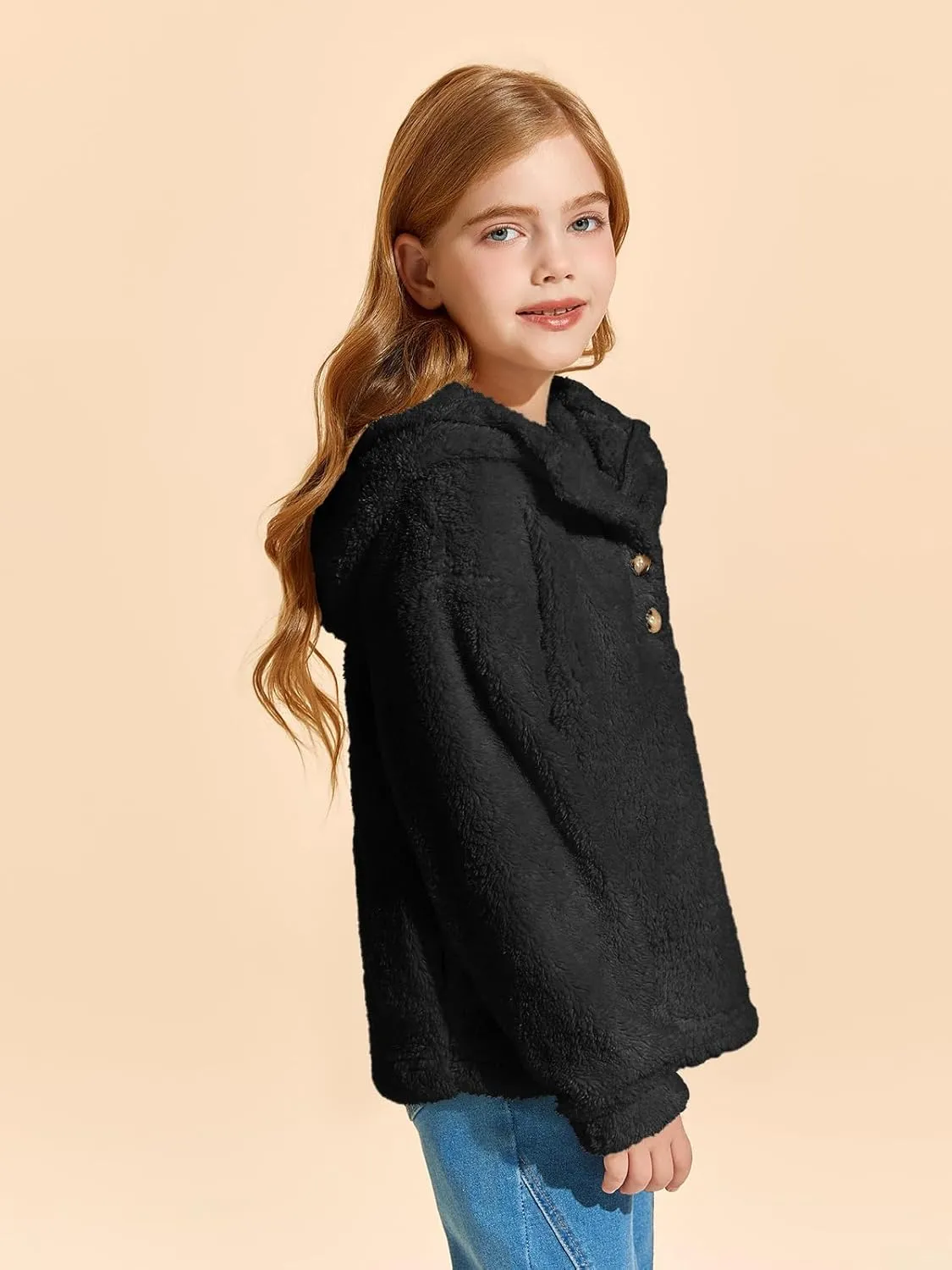 Haloumoning Girls Sherpa Hoodies Kids Fashion Fuzzy Fleece Half Button Long Sleeve Sweatshirt 5-14 Years