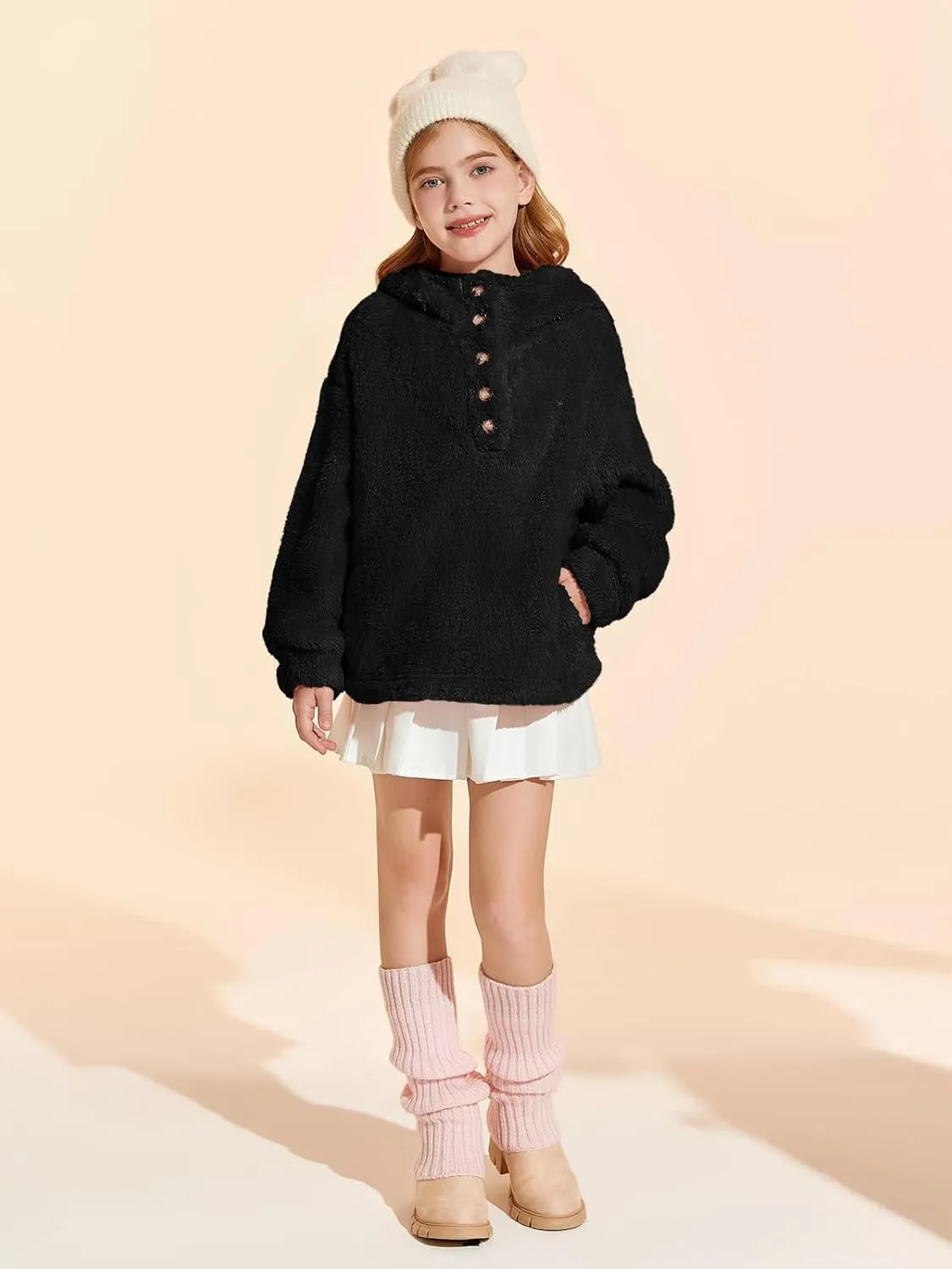 Haloumoning Girls Sherpa Hoodies Kids Fashion Fuzzy Fleece Half Button Long Sleeve Sweatshirt 5-14 Years