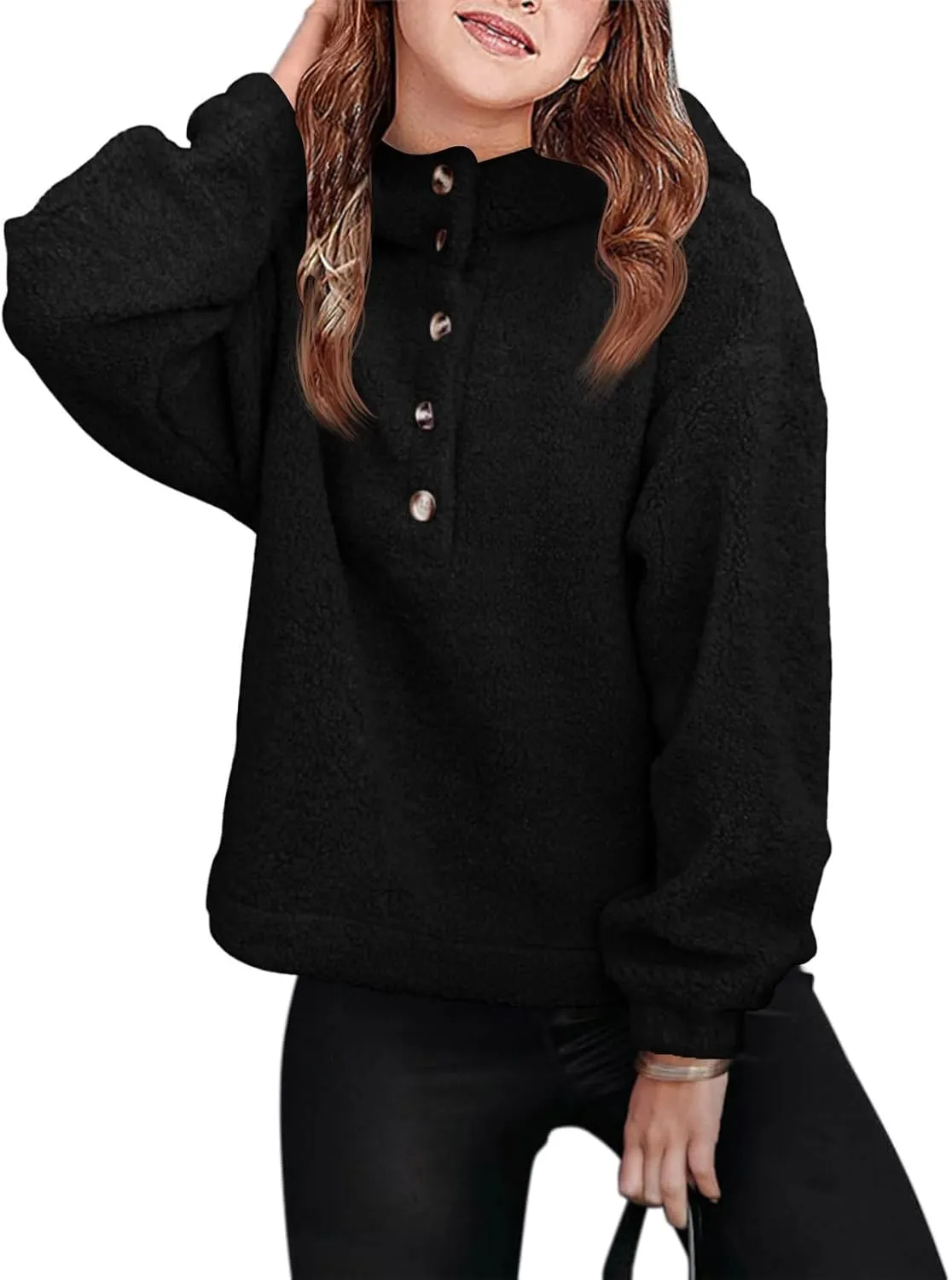 Haloumoning Girls Sherpa Hoodies Kids Fashion Fuzzy Fleece Half Button Long Sleeve Sweatshirt 5-14 Years